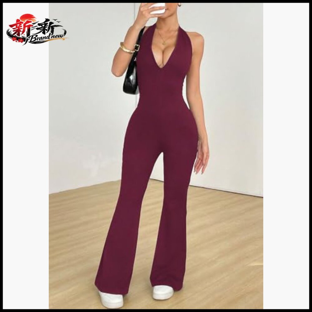 Polyester Elastane Halterneck Backless Flared Jum… - image 4